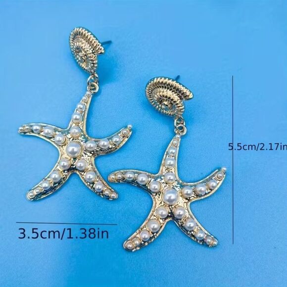 🌴Gold Tone Nautical Starfish Shell Pearl Post Drop Dangle Earrings - Picture 4 of 6